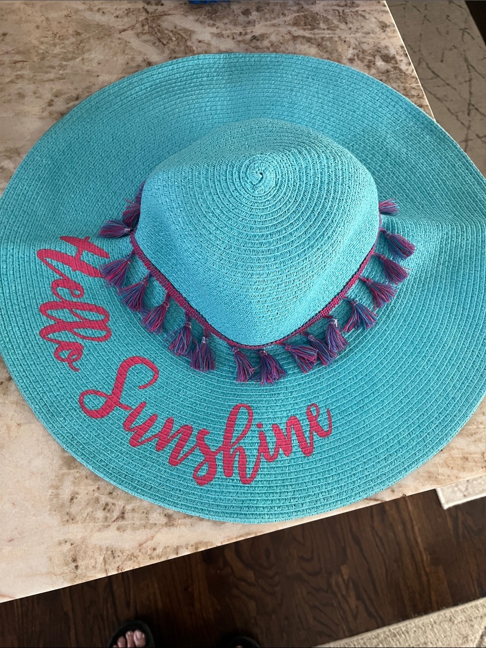 Turquoise Wide Brim Sun Hat with Pink Script